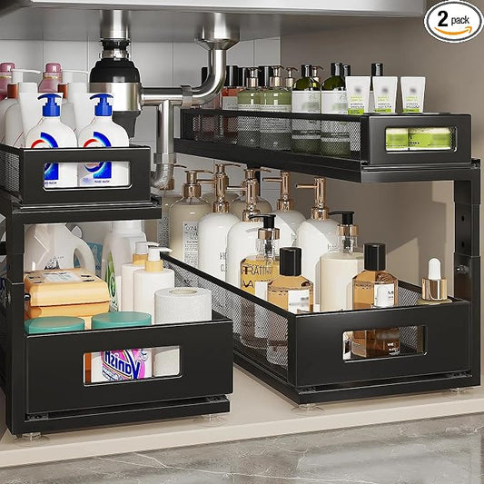2 Pack 21.3IN-Depth Under Sink Organizer with Next-Gen Ball-Bearing Slides,2-Tier Pull Out Cabinet Storage,Height Adjustable Drawer Shelf for Bathroom,Kitchen,Laundry,Cabinet,Pantry-Black by Corbyles