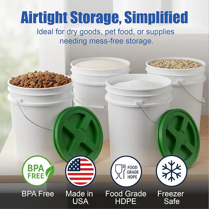 5 Gallon Bucket - Food Grade w/Lid BPA-Free, White/Green, 3 | Airtight Gamma Seal Screw-On Lid, Heavy-Duty 90 Mil HDPE Plastic, Food Safe and Durable Container, Bulk Storage, Made in USA - Image 2