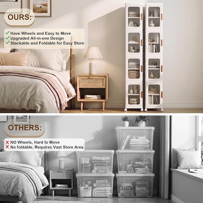 4-Tier Tall Narrow Plastic Storage Cabinet of 2, Foldable | Rolling Organizer with Lid,Doors,Stackable, Adjustable Shelves, Durable PP,Freestanding Bathroom Cabinet for Small Slim Space - Image 6