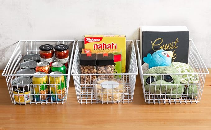 Wire Storage Freezer Baskets, Set of 6 Large 15.4" Farmhouse Organizer Storage Bins Fridge Basket Rack with Handles for Kitchen Cabinets, Pantry, Office, Bathroom Organization - White - Image 3