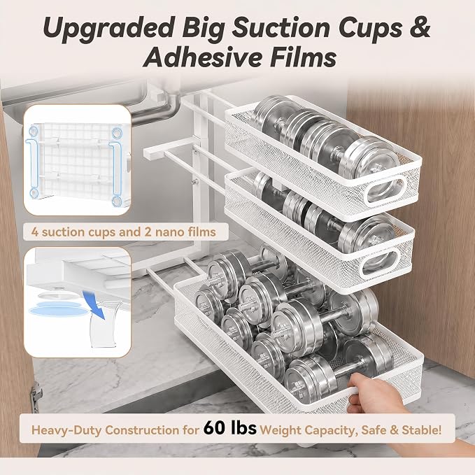 3-Tier Under Sink Organizer 2-Pack Organization for Bathroom Kitchen,White | Thickened Metal Pull Out Cabinet Shelf Height Adjustable Slide Out Drawer Storage Rack for Pantry Laundry Home Office - Image 4