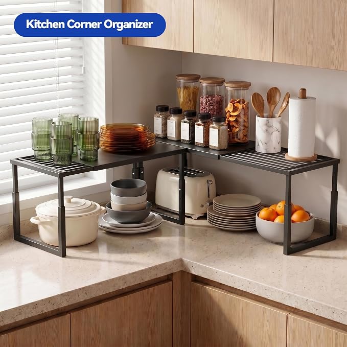 2 Packs Expandable Cabinet Shelf Organizer, Stackable Countertop Shelves | 15.8''- 25.5'' In Cabinet Shelf, Adjustable Kitchen Cabinet Organizer for Pantry Organizer, CupBoard Organizers and Storage - Image 5