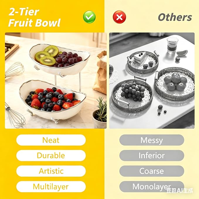 2 Tier Ceramic Fruit Bowl for Kitchen Counter with Metal Rack, Fruit Basket with Stand, Porcelain Bowls for Vegetable Bread Candy Snack Nuts Dessert Cake Tray (Silver 2 layer) - Image 4