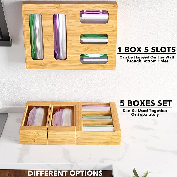 SpaceAid Bag Storage Organizer for Kitchen Drawer, Bamboo Organizer, Compatible with Gallon, Quart, Sandwich and Snack Variety Size Bag (1 Box 5 Slots) - Image 6
