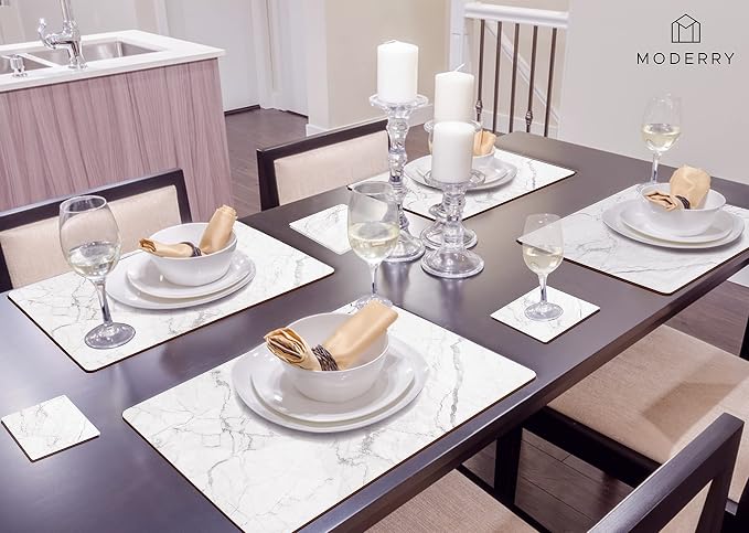 Set of 4 Heat Resistant Cork Placemats for Dining Table with Free Set of 4 Matching Drink Coasters Marble Design 16 x 12 Inches Cork Backed Hard Placemats (White Marble) - Image 9