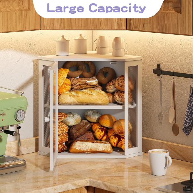 Corner Bread Box for Kitchen Countertop, Farmhouse Style with Acrylic Wavy Door Panel White Counter Bread boxes, Extra Large Food Storage Container - Image 6