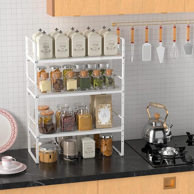 Redrubbit Large Expandable Cabinet Storage Shelf, Adjustable Height Steel Metal Kitchen Counter Organizers Shelves Spice Rack for Kitchen Pantry Bathroom Cupboard Desk Home Office, White-3 Pack - Image 2