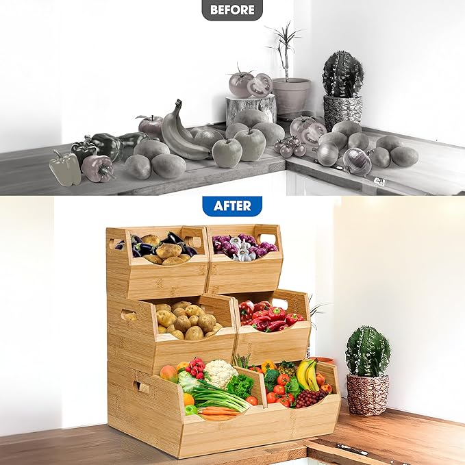 3-tier Stackable Bamboo Pantry Storage Bins, Potato & Onion Storage Baskets | Upgraded Storage Basket with Handles, Removable Divider, Natural Pantry Organizer Holder for Kitchen, Cabinet, Fruit Storage - Image 2