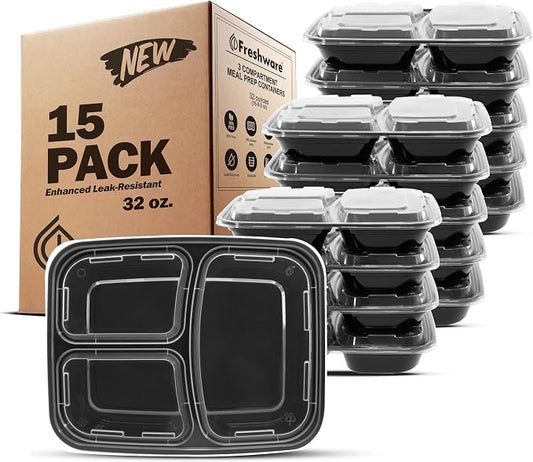 Freshware Meal Prep Containers [15 Pack] 3 Compartment with Lids, Food Containers, Lunch Box, BPA Free, Stackable, Bento Box, Microwave/Dishwasher/Freezer Safe (32 oz) by Freshware