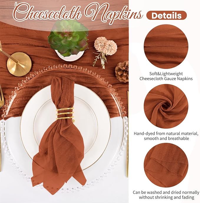 100 Pack Terracotta Fall Napkins 20x20Inch Cheesecloth Napkins | Elegant Cloth Napkins for Table, Washable Rustic Boho Gauze Napkins, for Wedding Party Bridal Baby Shower Dinner Table Decor - Image 3