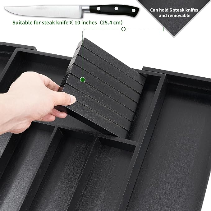 VaeFae Bamboo Silverware Drawer Organizer, 7 Slots, Black | Cutlery Tray with Removable Divider, Flatware Storage, 43 cm D x 32-55 cm W, 5-7 Slots, Black - Image 2