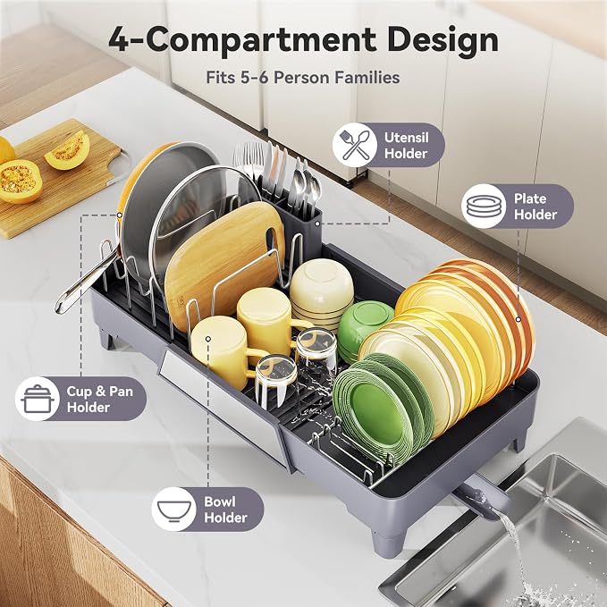Urackify Large Dish Drying Rack, Expandable Dish Drainer, Gray | Extendable 16.3" to 23.6" L, with Drainboard & Utensil Holder, Anti-Rust, Fits Any Sink, High capacity, Easy to Install - Image 3