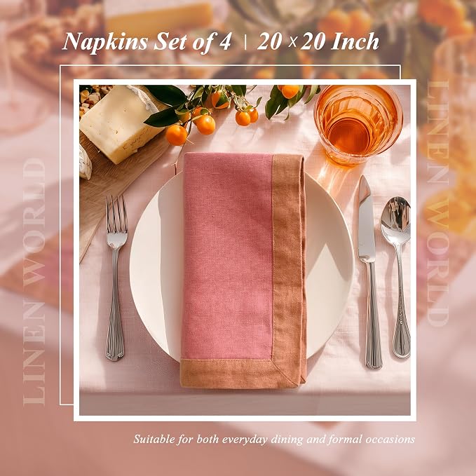Linen World 100% French Linen Napkins Set of 4,20 x 20 Inch Double Layer Cloth Napkins,Washable Heavyweight for Holiday Dining Kitchen Decor,Clay Red with Hazelnut Contrast Border - Image 5