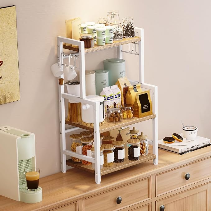 Kitchen Countertop Organizer, 3 Tier Large Spice Rack Organizer with Adjustable Shelf and 5 Hooks, Wooden Counter Organizer, Countertop Shelf Microwave Stand for Kitchen Coffee Bar, Light Coffee - Image 4