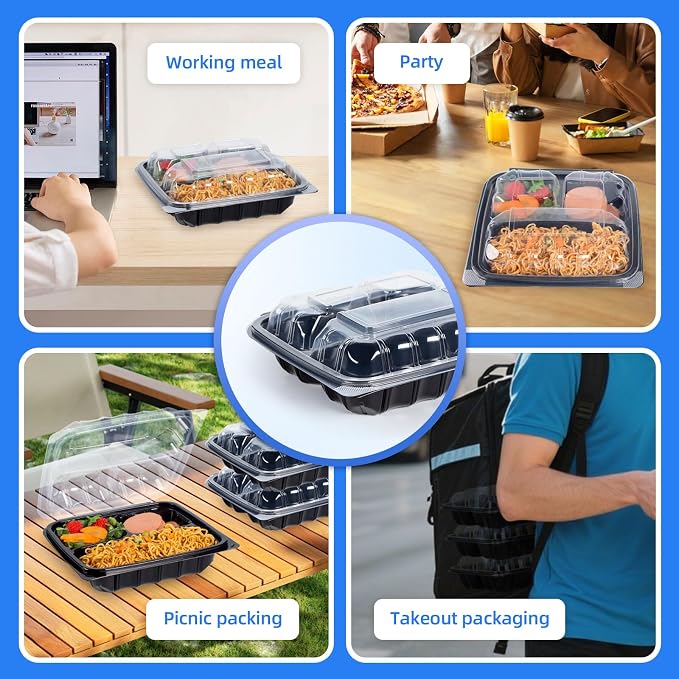 YANGRUI 45-Pack 38 oz 9.5" Meal Prep Container, Shrink-Wrapped No Pre-Wash | 3-Compartment, Anti-Fog Lid, Leakproof BPA-Free PP, Microwave/Freezer Safe for Salad Production, Catering & Grab-and-Go Meals - Image 5