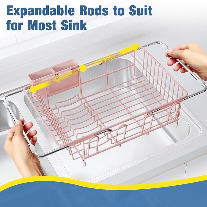 JASIWAY Pink Dish Drying Rack in Sink, Dish Drainer with Utensil Holder | Over The Sink Expandable Stainless Steel Strainer Dryer Rack for Small Kitchen, Counter Space Saving, Fast Drain, Rustproof - Image 4