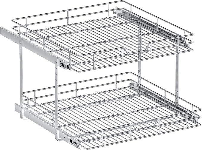 2-Tier Pull Out Cabinet Organizer, 22.5" W x 21.5" D, Heavy Duty Dual Slide Out Shelves for Wide Base Cabinets, Chrome Wire Basket Drawer for Pots, Pans, Pantry & Cleaning Supplies - Image 9