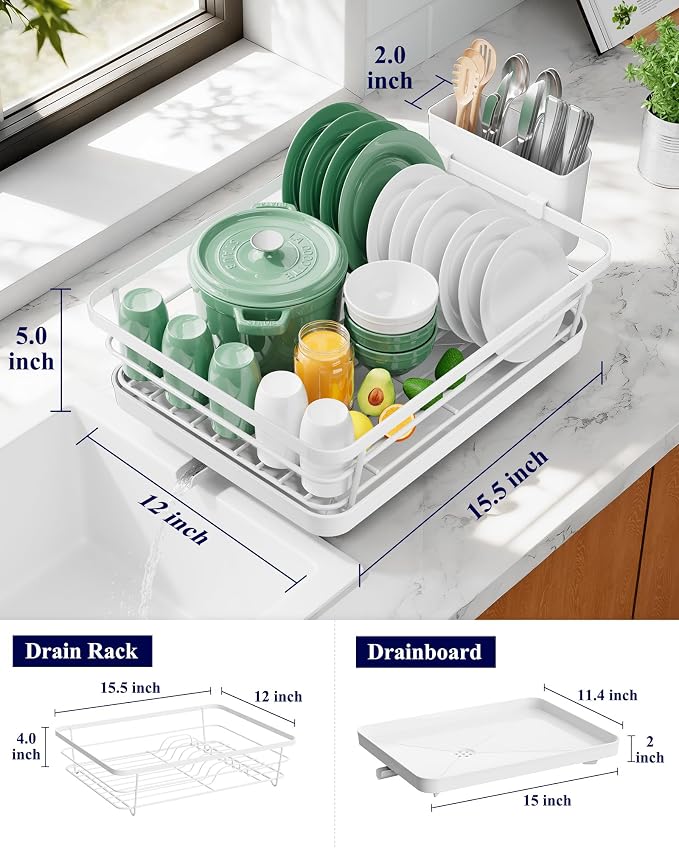 Kitsure Dish Drying Rack for Kitchen Counter, 12''W x 15.5''L, White | Stainless Steel Sink Organization, Cutlery Holder, Home and Appartment Decor - Image 2