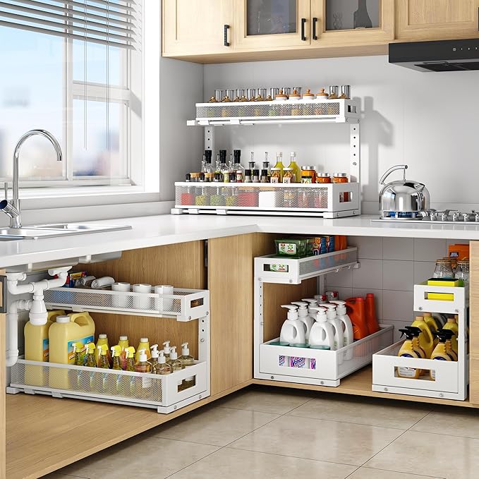 2 Pack 20.47IN Depth Under Sink Storage Organizer, Large 2-Tier Elegant Mesh Pull Out Shelf for Kitchen and Bathroom Cabinet Organization, L-Shaped and Adjustable Height Design-White - Image 6