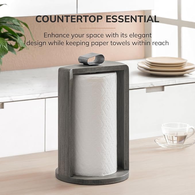 Anji Mountain Wooden Paper Towel Holder with Metal Holder, Holder Stand for Kitchen Roll Organizer & Kitchen Dining Table Home Décor, Countertop Fits Jumbo & Mega Rolls - Greige/Nickel, Top Load - Image 6