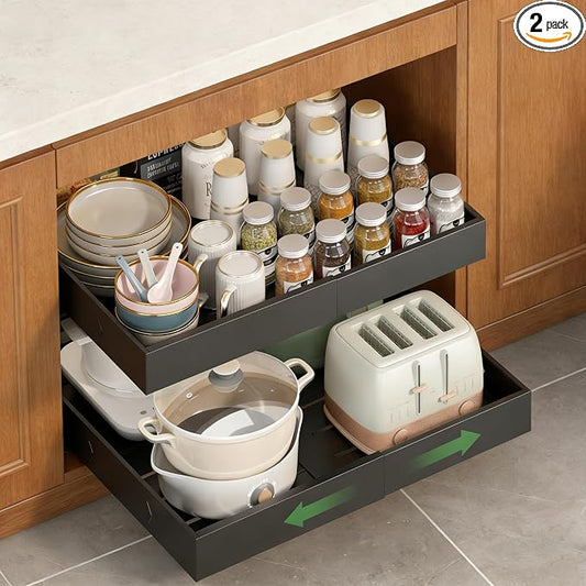 2-Pack-Expandable-Pull-Out-Cabinet-Organizers, No Drill Slide Out Drawers | Adjustable Pull Out Shelf With Raising Pad For Kitchen Framed Cabinet, Heavy Duty Sliding Roll Out Drawers Inside Cabinet by RUILALIFE