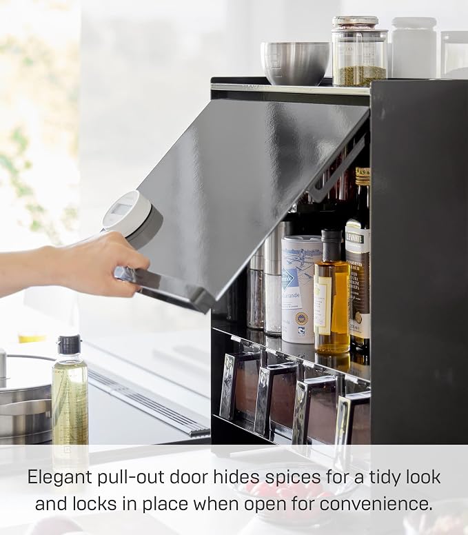YAMAZAKI Home Spice Rack, Large Multi-Tier with Door Metal Shelves, Black | Large kitchen seasoning and condiments spice rack features a concealable design with a door. A smart fit for modern homes. - Image 3