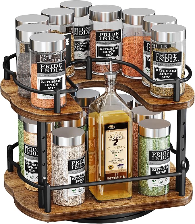 Lazy Susan Organizer Spice Rack - Spice Organization for Cabinet Height Adjustable Rotating Lazy Turntable, Pantry Kitchen Wood Revolving Seasoning Organizer (Vintage, 9 Inch) by SNTD