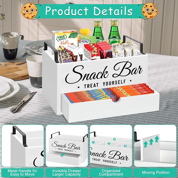 Snack Organizer for Countertop, Wood Pantry Storage Bins with Handles, Snack Organizer for Pantry, Kitchen, 4 Compartment Food Container Snack Box with Drawer, Pantry Organizer for Snacks, Chips - Image 6