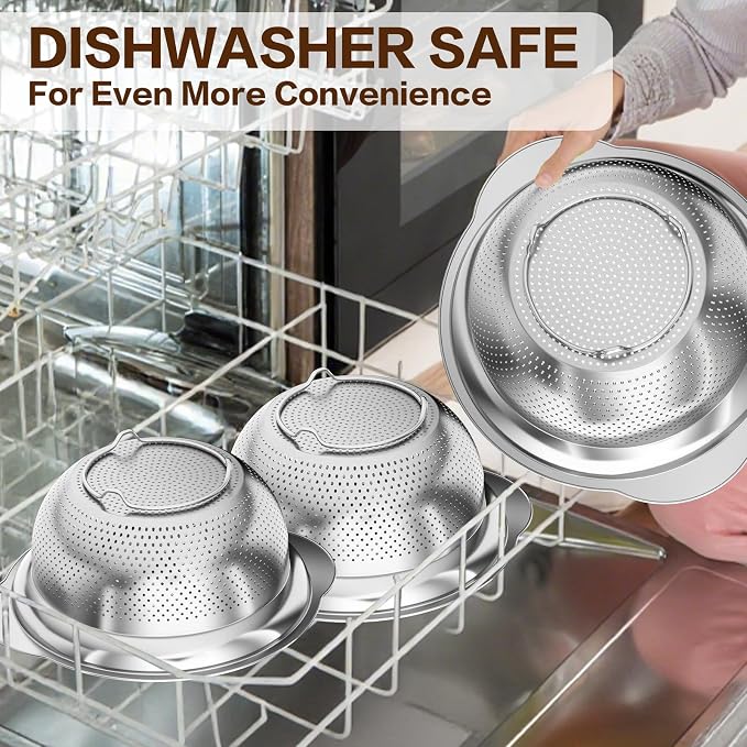 Stainless Steel Strainers for Kitchen, Stainless Steel Colander, Kitchen Strainer for Pasta Fruit Veggie Hot Food, 2 Pack Strainers and Colanders(2QT & 3QT), Dishwasher Safe, Silver - Image 8