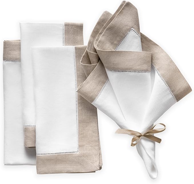 Linen Napkins 20 x 20 inch - 100% Pure Linen White and Natural Dinner Napkins Set of 4 - Hemstitch Napkins Cloth Washable for Easter Day and Spring Decor by OlucioAuthentiqueHome