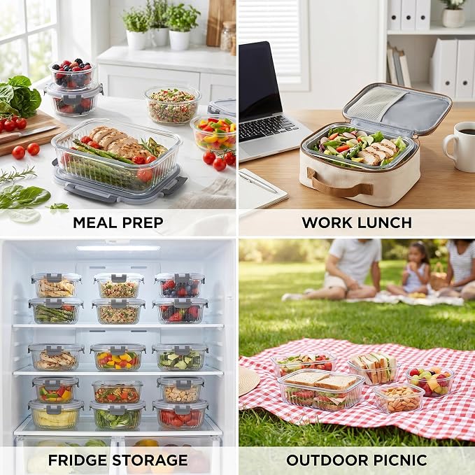 Glass Food Storage Containers with Lids, 12 Piece Glass Meal Prep Containers Set, Airtight Leakproof Snap Lock Lids, BPA-Free, Freezer Microwave Oven Dishwasher Safe, Ribbed Glass Containers - Image 7