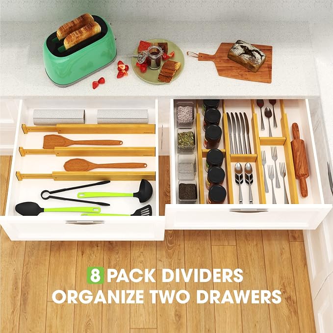 Bamboo Drawer Dividers Organizers 16pcs, Expandable Drawer Separators Splitter, 17-22 inches Long Adjustable Spring-loaded Organizer for Large Utensil, Clothes, Tools Drawers (8+8) - Image 5