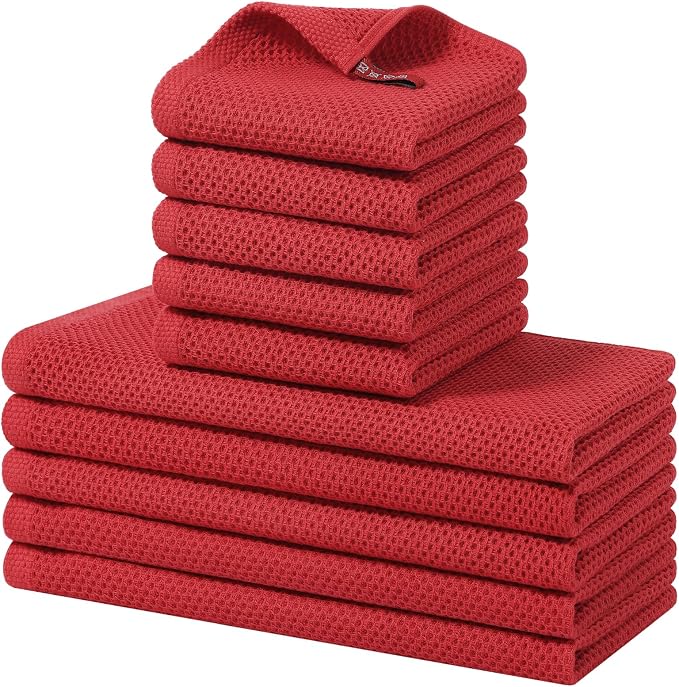 Homaxy 10 Pack 100% Cotton Kitchen Towels and Dishcloths Set, Red | 12 x 12 Inches and 13 x 28 Inches Kitchen Towels Set, Ultra Soft Absorbent Dish Cloths for Washing Dishes by Homaxy