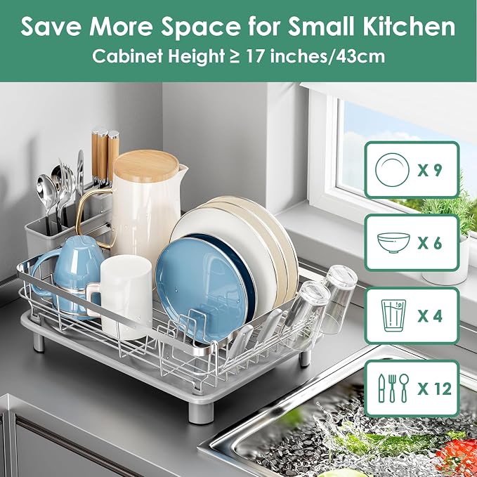 MOUKABAL Stainless Steel Dish Drying Rack for Kitchen Counter, Grey Silver | 13×17 Large Capacity/Drainboard with Rotating Spout/Removable Cup & Utensil Holders/Fast Drainage/Countertop Dish Drainer - Image 4