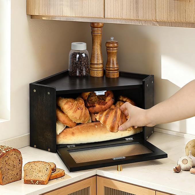 Bread Box for Kitchen Countertop with Acrylic Window Black | Farmhouse Bread Storage Container, Large Pantry Organizers for Homemade Snacks, Loaves, Breathable Keeps Bread Fresh - Image 2