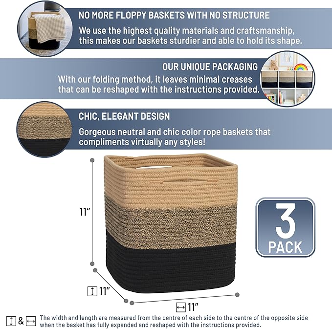 NaturalCozy Storage Cubes 11 Inch Cotton Rope Woven Baskets for Organizing, 3-Pack | Cube Storage Bin | Square Storage Baskets for Shelves Organizer, Classroom, Kids Toy Bins, Closet, Baby Nursery - Image 2