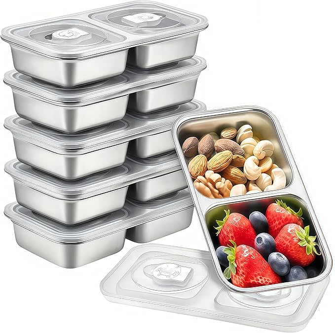 6 Pack Stainless Steel Snack Containers with Lids, 2 Compartment Metal Bento Snack Boxes, Reusable Divided Food Storage Containers for Dry Snacks, Lunch, Office, Travel by BSTUR