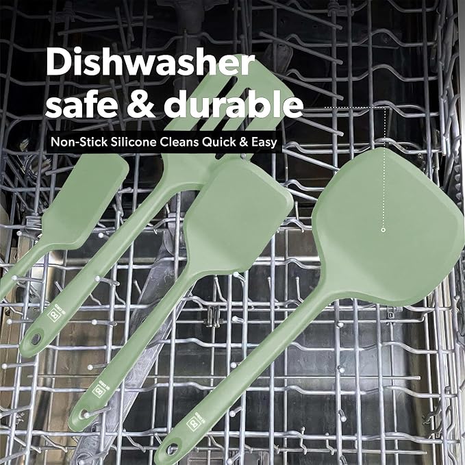 New DI ORO Silicone Turner Spatula Set - Kitchen Spatulas for Nonstick Cookware - Cooking Utensils for Flipping Eggs & Pancakes - 600°F Heat-Resistant BPA Free Turners - Dishwasher Safe (4pc, Sage) - Image 6