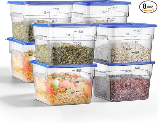 8 Pcs 12 QT Food Storage Container with Blue Lids, Handle BPA-Free Polycarbonate Hot Cold Resistant Large Square Commercial Container Set Scarle Dishwasher Freezer Safe Pantry Storage Kitchen by EGGKITPO