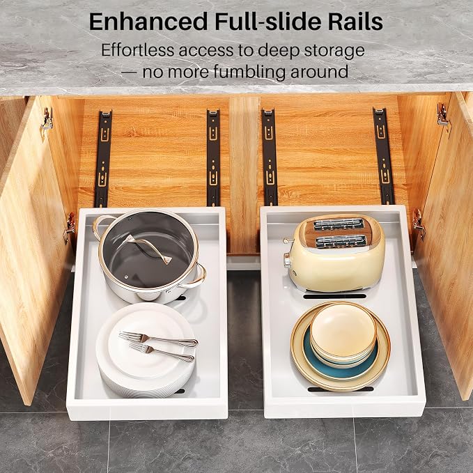 Pull out Cabinet Organizer, 21"Deep, Heavy Duty Full-Extension Slide out Drawers for Kitchen Cabinets with Nano Adhesive, Roll Out Shelf Sliding Cabinet for Pots, Bathroom, Pantry, Under Sink, White - Image 4