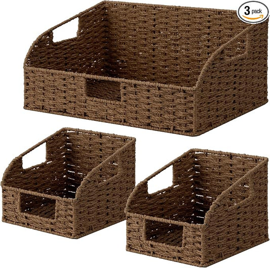 StorageWorks Pantry Storage Baskets, Shelf Baskets, Brown Baskets, 3-Pack | Paper Rope Pantry Baskets, Wicker Baskets with Handles, Handwoven Shelf Baskets for Organizing, Pantry Organizers and Storage by StorageWorks