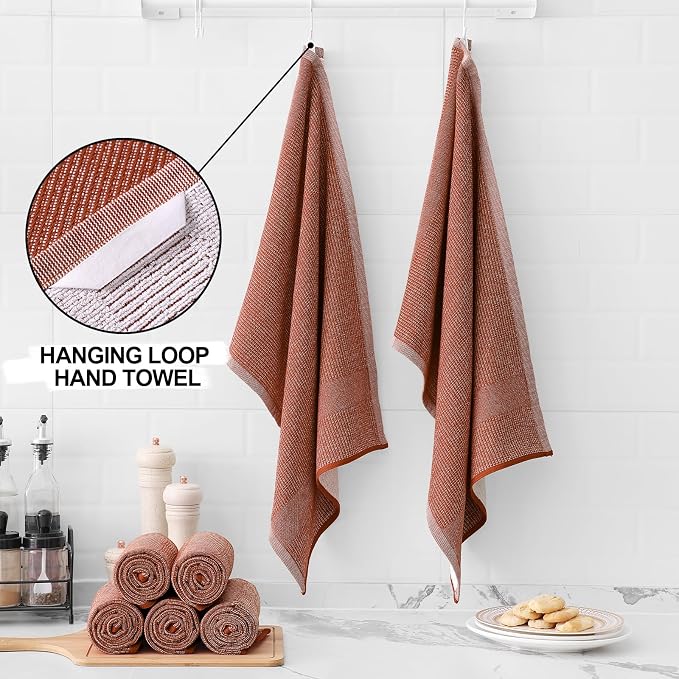 Homaxy 380 GSM Cotton Premium Kitchen Towels 6 Pack, 18"x 28", Rust | Flat and Terry Dish Towels, Highly Absorbent Tea Towel Set with Hanging Loop, Soft Utility Kitchen Hand Towels - Image 3