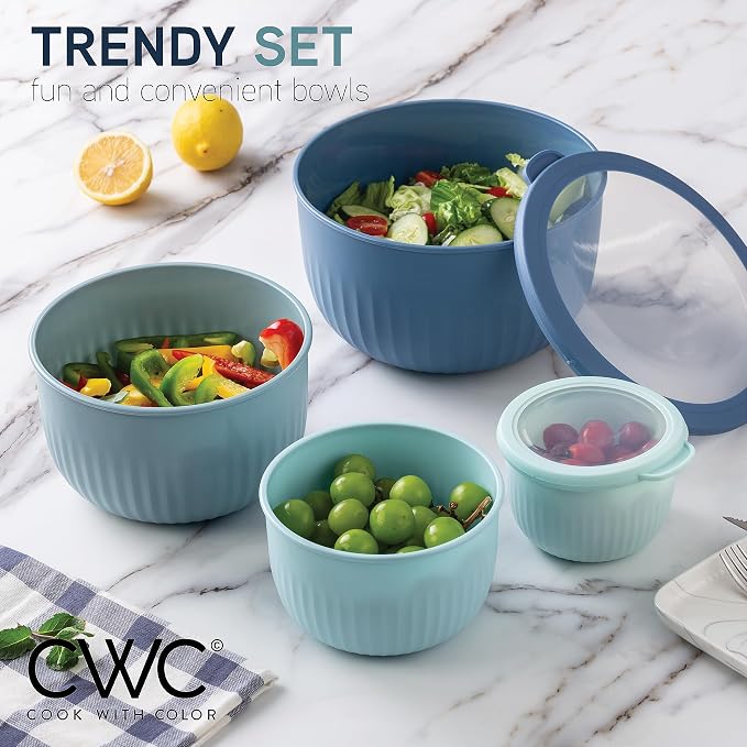 COOK WITH COLOR Prep Bowls with Lids- Wide and Deep Nesting Plastic Small Mixing Bowl Set with Lids, 12 Piece Set - Deep Bowls, Blue - Image 2
