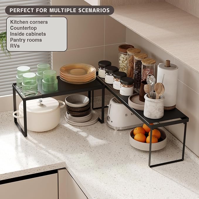 Magheo Expandable Kitchen Countertop Organizer, 1 Pack Stackable Cabinet Shelf Risers, Metal Spice Rack Heavy Duty Counter Organizer Storage for Kitchen, Pantry, Cupboard, Rv (8.7in Height,Black) - Image 4