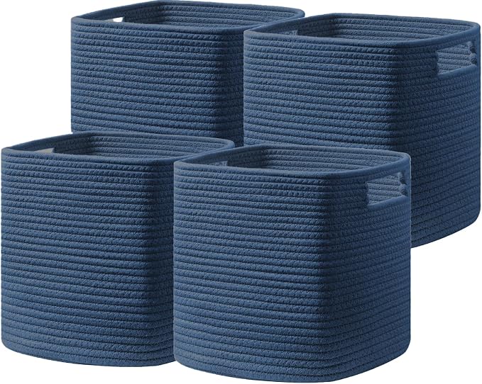 UBBCARE Set of 4 Storage Bins - 13 X 13 X 13 In, Cotton Rope Bins for Shelves, Toys, Books, Cube Storage with Handles, Woven Basket for Organizing, Navy Blue by UBBCARE