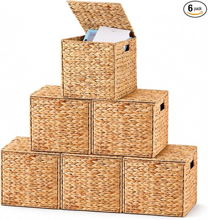 Jinei 6 Pcs Wicker Storage Basket Bulk 10 x 10 x 10 Inch Handwoven Water Hyacinth Cube Bin with Handles Woven Laundry for Organizer Shelves Wood Color by Jinei