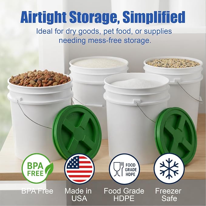 5 Gallon Bucket - Food Grade w/Lid BPA-Free, White/Green, 6 | Airtight Gamma Seal Screw-On Lid, Heavy-Duty 90 Mil HDPE Plastic, Food Safe and Durable Container, Bulk Storage, Made in USA - Image 2