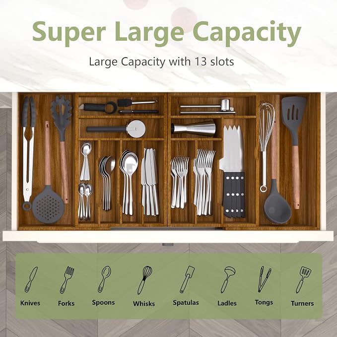 Suli Extra Large Silverware Drawer Organizer,Expandable 22in to 37in,Acacia - Image 4