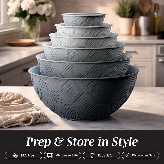 COOK WITH COLOR Mixing Bowls with Lids - 12 Piece Plastic Nesting Bowls Set includes 6 Prep Bowls and 6 Lids, Microwave Safe Mixing Bowl Set, Grey Rhombus - Image 3