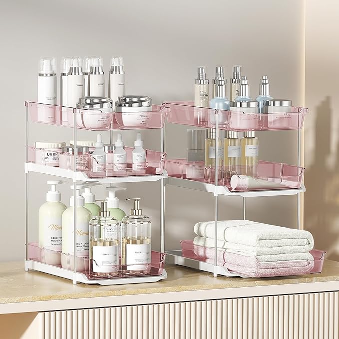 Delamu 2 Pack 3-Tier Bathroom Under Sink Organizers and Storage, Multi-Purpose Stackable Pantry Organization and Storage, Pull Out Clear Kitchen Bathroom Cabinet Organizer with Movable Dividers, Pink - Image 5